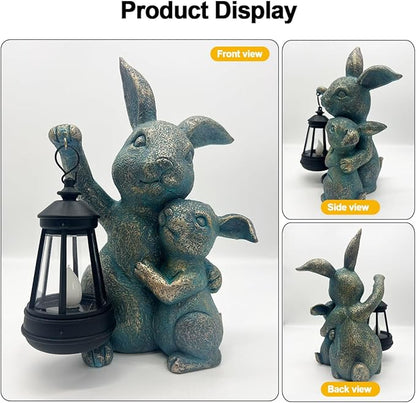 Solar Outdoor Statues Lantern Figurines Light Decorations for Garden Patio Balcony Yard Lawn, Ideal Gifts for Mom Friends (Bronze -Rabbit)