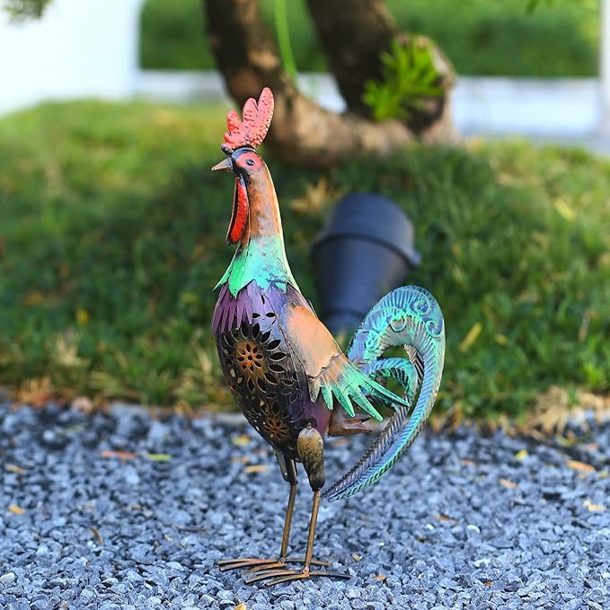 Solar Animal Lights Outdoor-18.2" Big Rooster Figurine Garden Decor with Metal Yard Art.Rooster Statue Light for Pathway Patio Backyard Decoration Lawn Ornaments
