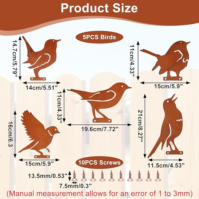 5PCS Metal Birds Fence Decoration, Outdoor Rusty Birds Garden Sculptures and Yard Art, Craft Statue Ornaments Rustic Farmhouse Garden Decor (Style 1)