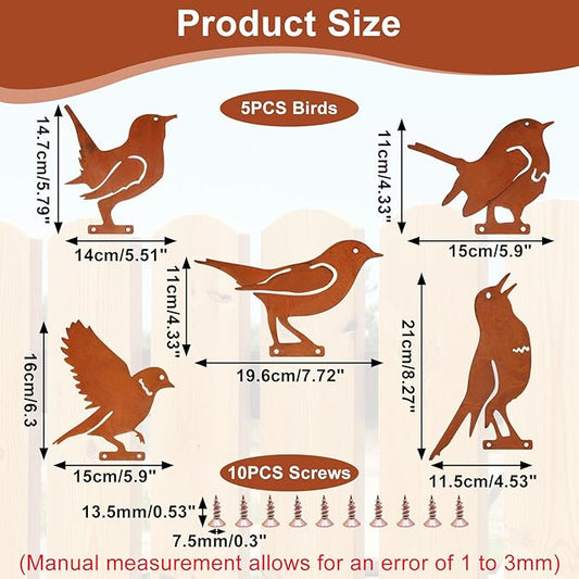 5PCS Metal Birds Fence Decoration, Outdoor Rusty Birds Garden Sculptures and Yard Art, Craft Statue Ornaments Rustic Farmhouse Garden Decor (Style 1)