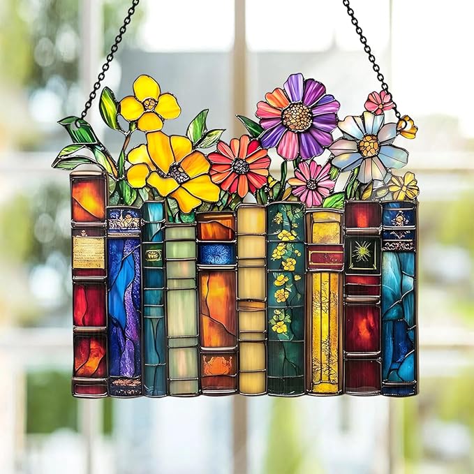 Jesuspirit - Window Hanging Suncatcher – Crystal Clear Acrylic & Wood Sun Catcher for Home Decor, for Women (Vintage Flower Book, 6 Inches)