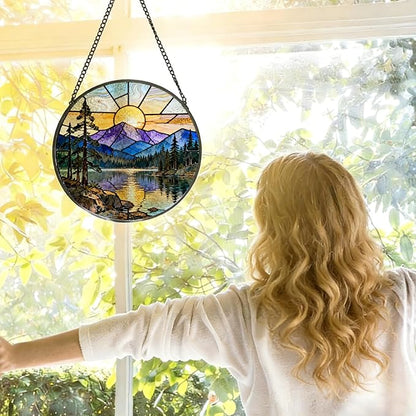 Rustic Lake Mountain Sunset Stained Glass Window Hanging, Nature Forest Lake Scenic Landscape Suncatcher Indoor Window Glass Round Wall Art Decor, 7.9x7.9 Inch