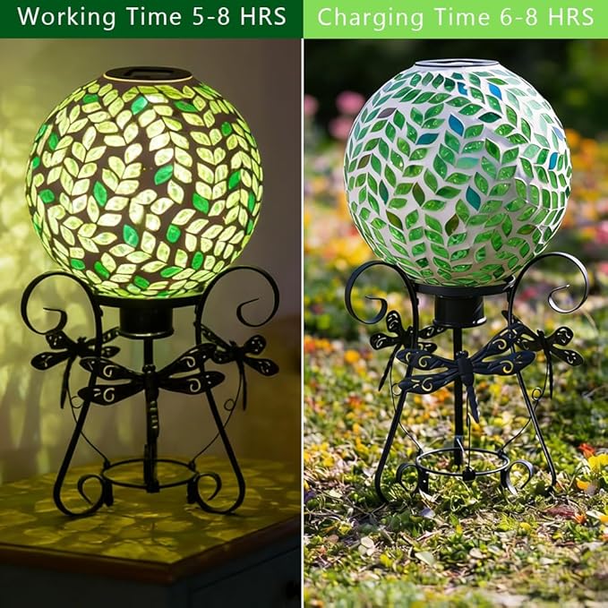 Stargarden Solar Gazing Ball, 10" Mosaic Gazing Ball,Glass Gazing Globe with Metal Stand, Decorative Solar Globes for Patio, Lawn, Garden Decor(Green Leaf)