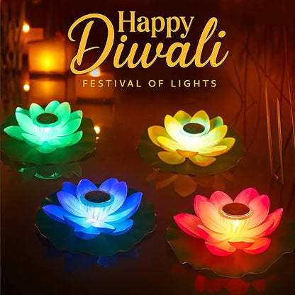 VIHOSE 4 Pcs 11 Inch Diwali Solar Pond Pool Light Floating Lotus Lamp Lily Pad Flower Pool Light Solar Floating for Pond Garden Decoration
