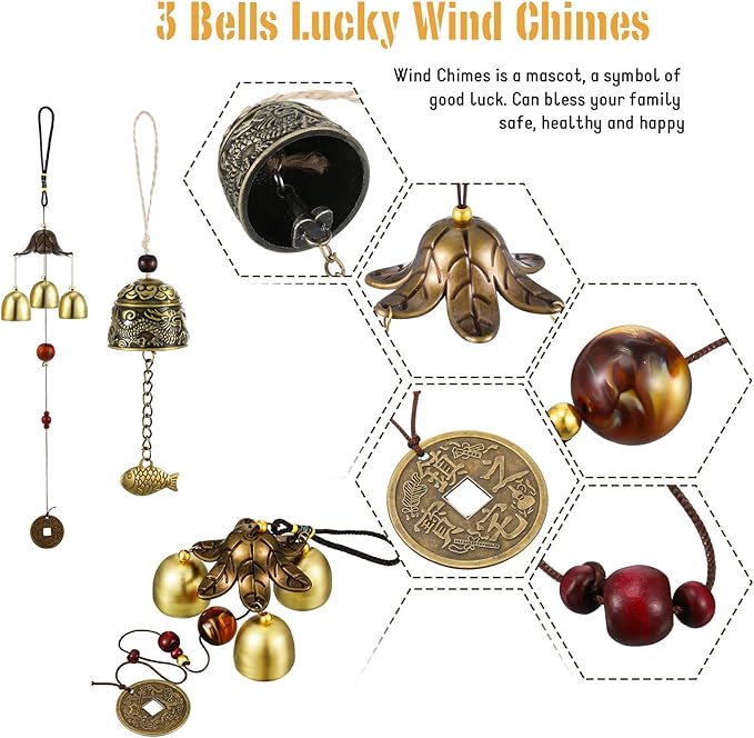 Jetec 4 Pieces Feng Shui Wind Chime for Good Luck 3-Bell Vintage Hanging Wind Chime Vintage Dragon Bell for Wealth Home Garden Patio Hanging Blessing Decoration