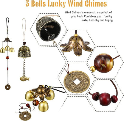 Jetec 4 Pieces Feng Shui Wind Chime for Good Luck 3-Bell Vintage Hanging Wind Chime Vintage Dragon Bell for Wealth Home Garden Patio Hanging Blessing Decoration