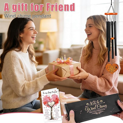 Wind Chimes for Outside for Women - 25.5" Friendship Wind Chime with Wood Plaque & Greeting Card Outdoor Garden Decor for Birthday Christmas BFF Bestie Gifts