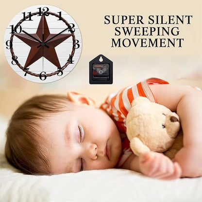 15 Inch Decorative Wall Clock Western Texas Star Rustic Farmhouse Wood Clock Silent Non-Ticking Battery Operated Antique Wooden Analog Clock for Bedroom Home Living Room Decor Home Decor
