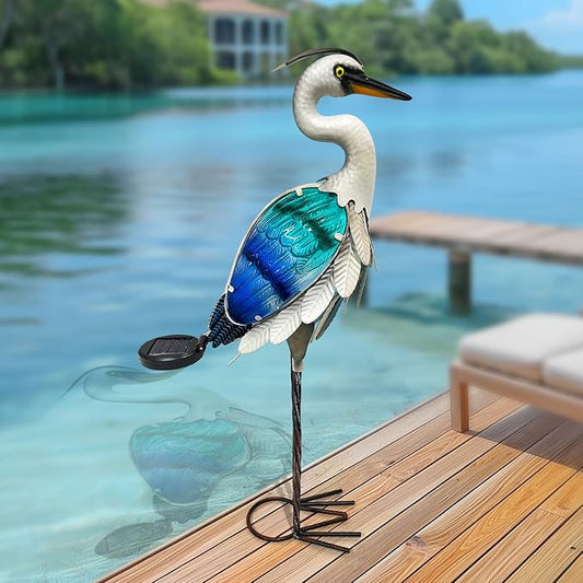 HONGLAND Solar Metal Crane Statue Garden Heron Sculpture, Glass Outdoor Heron Yard Art Coastal Ocean Bird Decor Lawn Ornament for Backyard Porch Patio Decor（24 Inch）