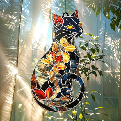Floral Black Cat Acrylic Suncatcher, Boho Suncatchers for Window Hanging Ornament, Stained Glass Effect Art Garden Decor for Cat Lover, Gifts for Mother's Day, Mom, Grandma, Wife, Women, Nana