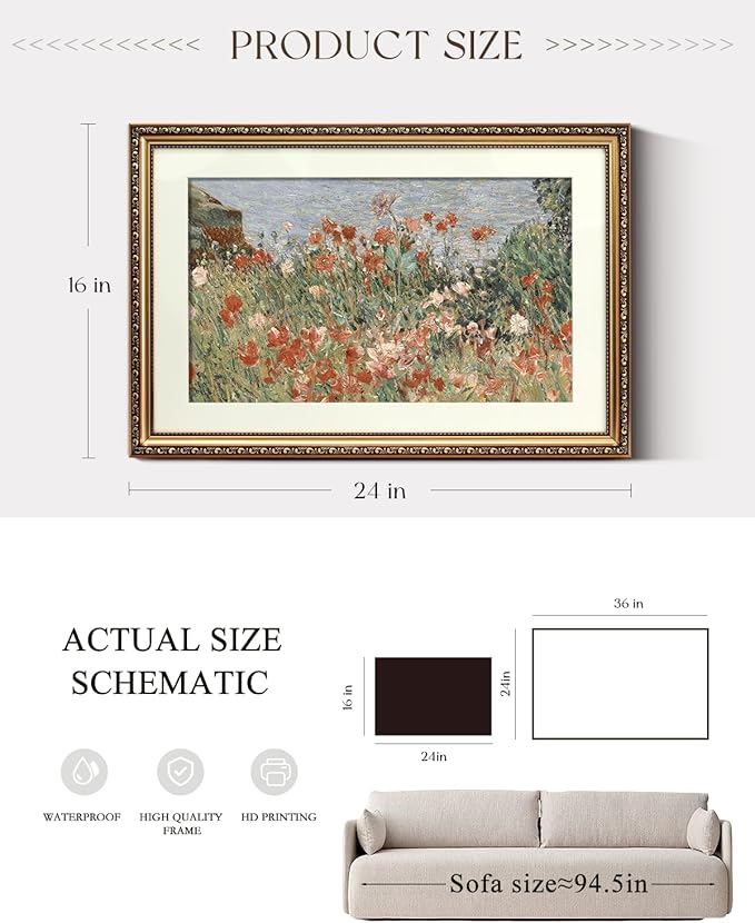 ARPEOTCY Vintage Gold Framed Large Wall Art, Retro Garden Shoals Sea Sky, Canvas Prints Artwork with Antique Frame, Victorian Wall Paintings Decor for Living Room Gallery, 16x24 inch