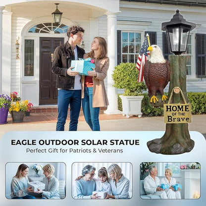 GENANY Bald Eagle Outdoor Solar Statue 14x6 Inch, Garden Decoration Outdoor Waterproof, Eagle Statue with American Flag for Patios, Yards and Gardens