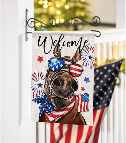 Welcome 4th of July Donkey Patriotic Decorative Garden Flag, America USA Stars Stripes Independence Day Yard Outside Decorations, American Firework Outdoor Small Home Decor Double Sided 12 x 18