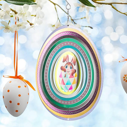 Chunful 3D Easter Bunny Wind Spinners Outdoor Hanging Ornament Gifts 10 Inch Kinetic Hanging Sculpture for Outdoor Indoor Garden Decoration Yard Art(Egg Style)