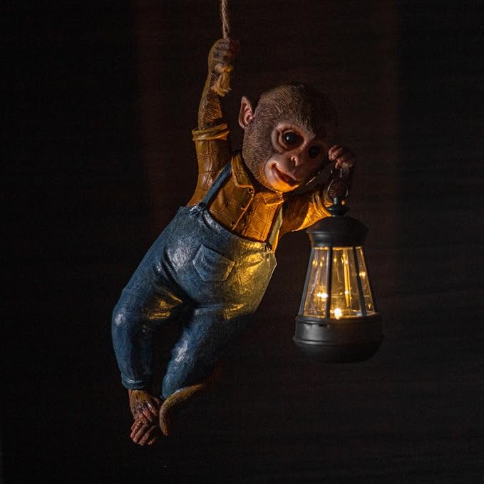 Outdoor Monkey Sculpture Hanging Monkey Garden Statue with Solar Lantern, 13 x 5.5 x 3.93 inches, Decorative Resin Outdoor Sculpture