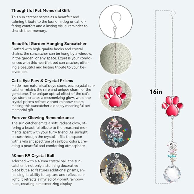 Dog Memorial Gifts for Loss of Dog, Pet Memorial Gifts for Dogs, Thoughtful Bereavement Remembrance Crystal Suncatcher with Sympathy Card (Rose Red)