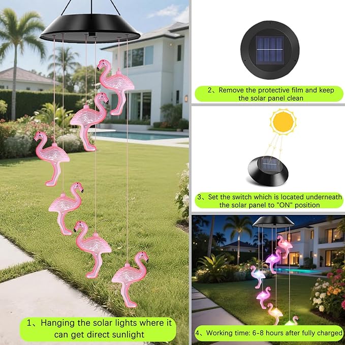 Flamingo Solar Wind Chimes Color Changing Solar Lights Outdoor Waterproof LED Wind Chimes Solar Powered Lights for Party Yard Garden Christmas Decoration Birthday Gifts for Mom Grandma
