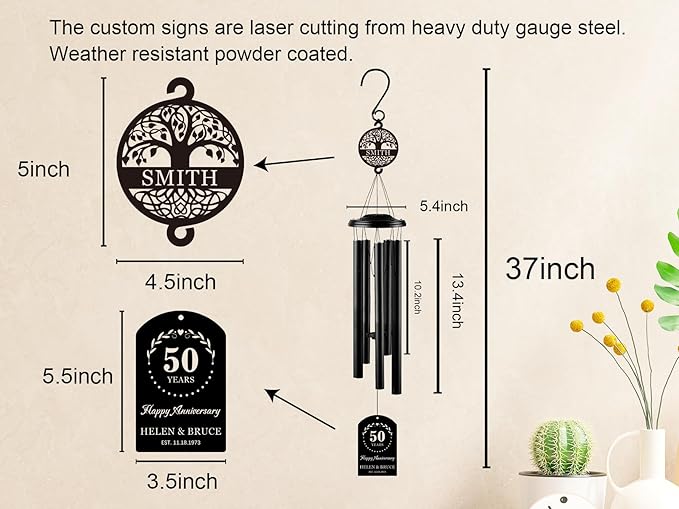 Personalized Anniversary 37" Wind Chime with Custom Metal Name Signs, 15th 20th 25th 30th 35th 40th 50th 60th 65th 70th Any Year Anniversary Wedding Gift for Him or Her or Parents