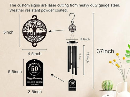 Personalized Anniversary 37" Wind Chime with Custom Metal Name Signs, 15th 20th 25th 30th 35th 40th 50th 60th 65th 70th Any Year Anniversary Wedding Gift for Him or Her or Parents