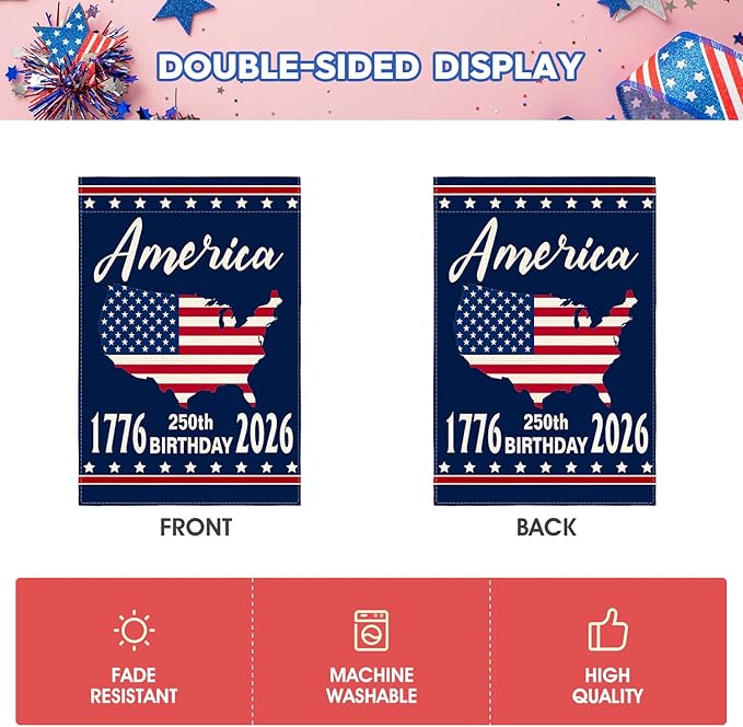 AVOIN colorlife 1776-2026 America 250th Anniversary Patriotic Garden Flag 12x18 Inch Double Sided Outside, 4th of July American 250 Years Yard Outdoor Decoration