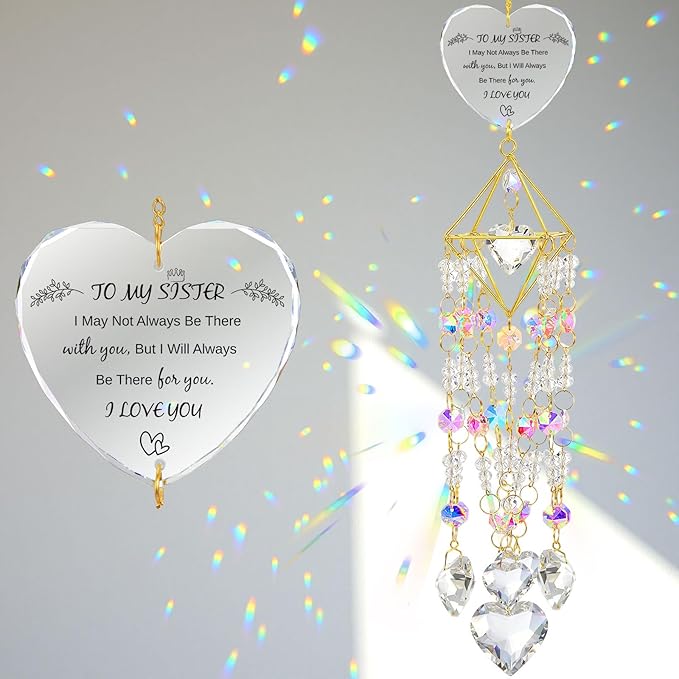 Sisters Gifts from Sister Birthday Gifts for Sister Crystal Suncatchers Window Hanging Wind Chime Garden Rainbow Sun Catchers Indoor Outdoor Decor Handmade Gold Plated Unique Memorial Birthday