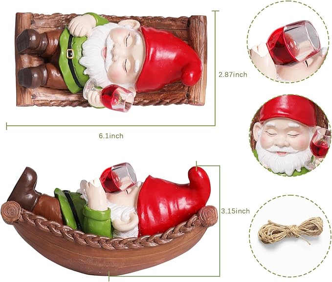Gnome Garden Statues Decor for Outdoor, Resin Swing Gnome Statue with Red Wine in Hand, Hanging Garden Figurine Ornament for Home Yard Patio Decoration, Birthday Valentine's Day