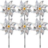Sparkly Reflective Pinwheels with Stakes, Wind Spinners Outdoor Bird Scare Devices, Foil Pin Wheel Holographic Whirl Windmill for Yard Garden Decor Garden Wind Spinner 6 Packs - Silver