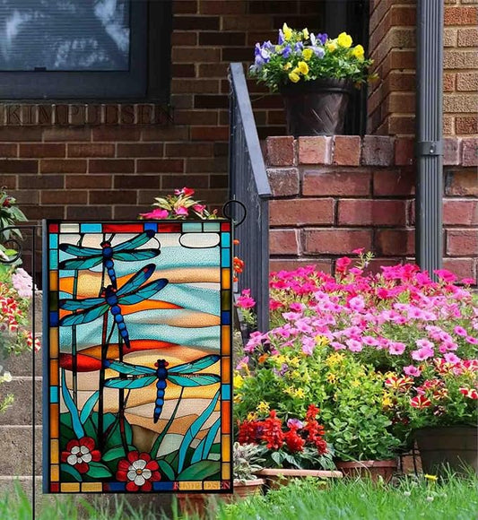 Dragonfly Stained Glass Garden Flag -12x18 Inch Double Sided Decorative Yard Flag for Outdoor Spring and Summer Decor