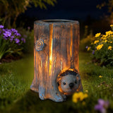 Landoraloria Solar Powered Tree Stump Owl Garden Statue with Light, Brown Resin, Waterproof Outdoor Decorative Lamp (Hedgehog)