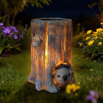 Landoraloria Solar Powered Tree Stump Owl Garden Statue with Light, Brown Resin, Waterproof Outdoor Decorative Lamp (Hedgehog)