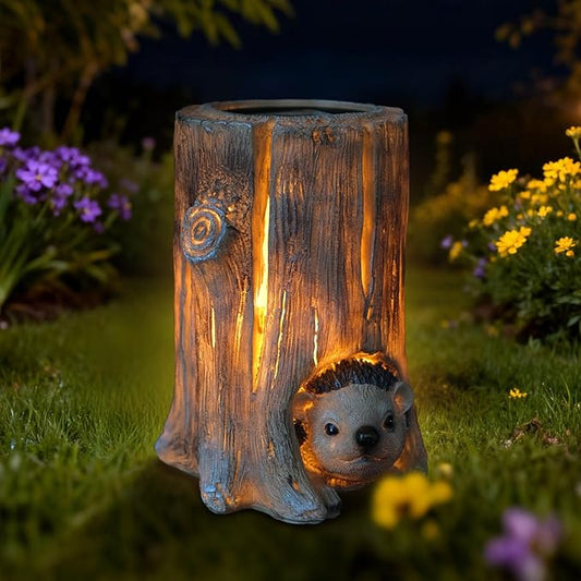 Landoraloria Solar Powered Tree Stump Owl Garden Statue with Light, Brown Resin, Waterproof Outdoor Decorative Lamp (Hedgehog)