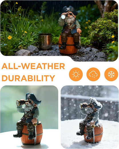 Solar Garden Gnome Statues Funny Resin Pirate Gnome Decorations Sitting on Wine Barrel Outdoor Figurines for Yard Patio Mom Gift