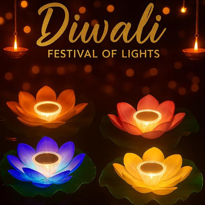 VIHOSE 4 Pcs 11 Inch Diwali Solar Pond Pool Light Floating Lotus Lamp Lily Pad Flower Pool Light Solar Floating for Pond Garden Decoration