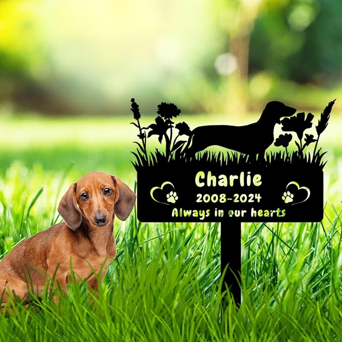 Custom Dachshund Dog Memorial Grave Marker,Personalized Flora Dog Memorial Stake,Dog Memorial Plaque Burial Stake Engraved Sign,Sympathy Grave Stake for Lost Dog,Dog Statue Headstone