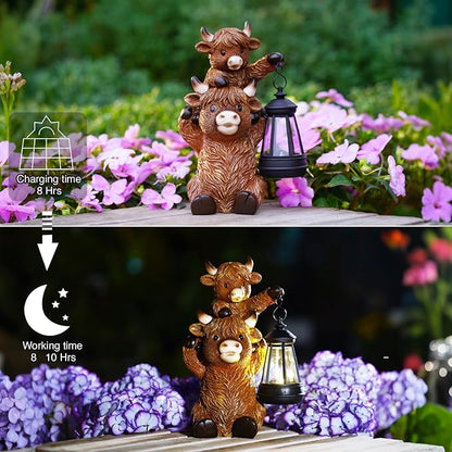 Goodeco 9.5 Inch Highland Cattle with Solar Lantern – Resin Garden Decor, Outdoor Statue & Unique Highland Cow Gifts (Brown)