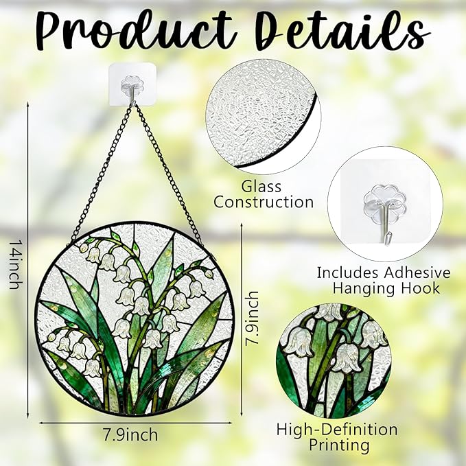 Lily of The Valley Flower Stained Glass Window Hanging, Spring Floral Botanical Suncatcher Indoor Window Glass Round Wall Art Decor, 7.9x7.9 Inch
