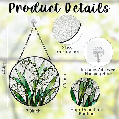 Lily of The Valley Flower Stained Glass Window Hanging, Spring Floral Botanical Suncatcher Indoor Window Glass Round Wall Art Decor, 7.9x7.9 Inch