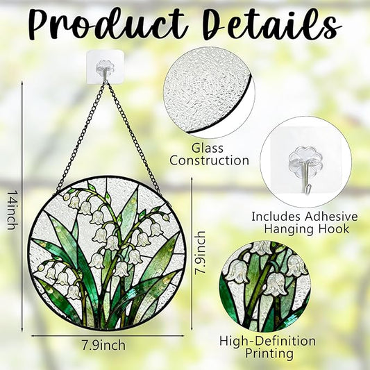 Lily of The Valley Flower Stained Glass Window Hanging, Spring Floral Botanical Suncatcher Indoor Window Glass Round Wall Art Decor, 7.9x7.9 Inch