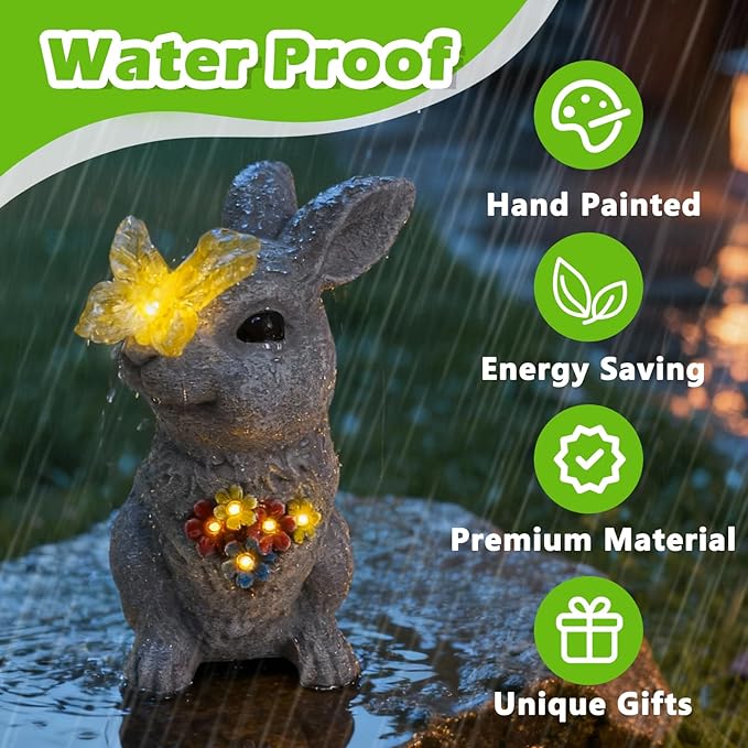 Solar Bunny Garden Statue with Glowing Butterfly - 8.3" Outdoor Garden Decor for Yard, Patio - Resin Rabbit Decor Figurine Lights - Perfect Mother's Day & Birthday Gifts for Mom, Grandma