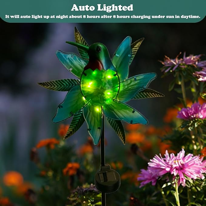 Hummingbird Wind Spinner Garden Decor, Metal Wind Spinner Lights Outdoor Solar Garden Decor, Lighted Pathway Yard Spinner Wind Sculpture, Solar Powered Path Lights Kinetic Wind Catcher for Outside