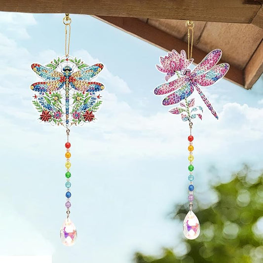 MVVMTOP 2pcs Diamond Art Painting Wind Chime with Crystal Pendant, DIY Dragonfly Double-Sided Design Special Shape Acrylic Crystal Diamond Art Ornament, Home Window Garden Hanging Pendant Decoration
