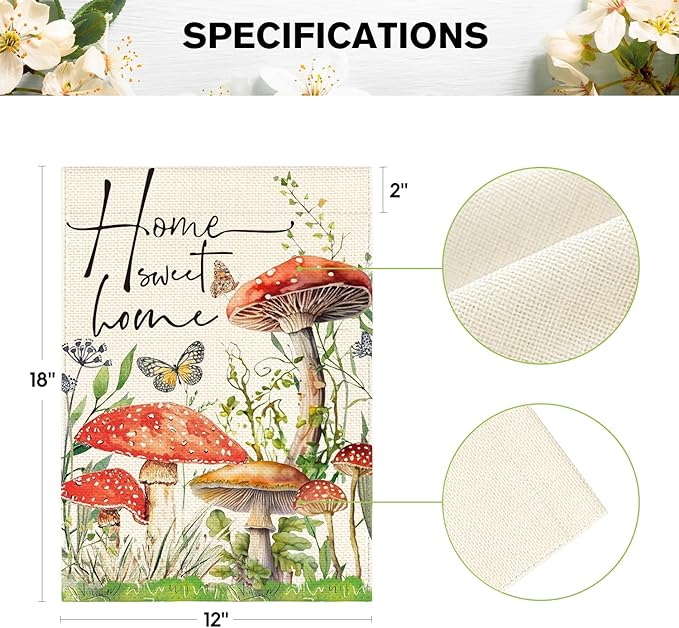 AVOIN colorlife Home Sweet Home Spring Mushrooms Garden Flag 12 x 18 Inch Double Sided, Seasonal Flowers Welcome Yard Outdoor Flag