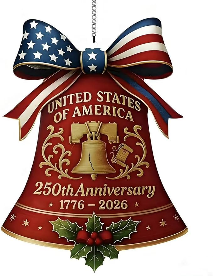 July 4th 250th Anniversary Ornament,Bell Sun Catcher Hanging,Red with America Flag Designs Bow Patriotic Christmas Ornaments,Full Cover Acrylic Suncatchers for Windows Decor Party Supplies for Garden
