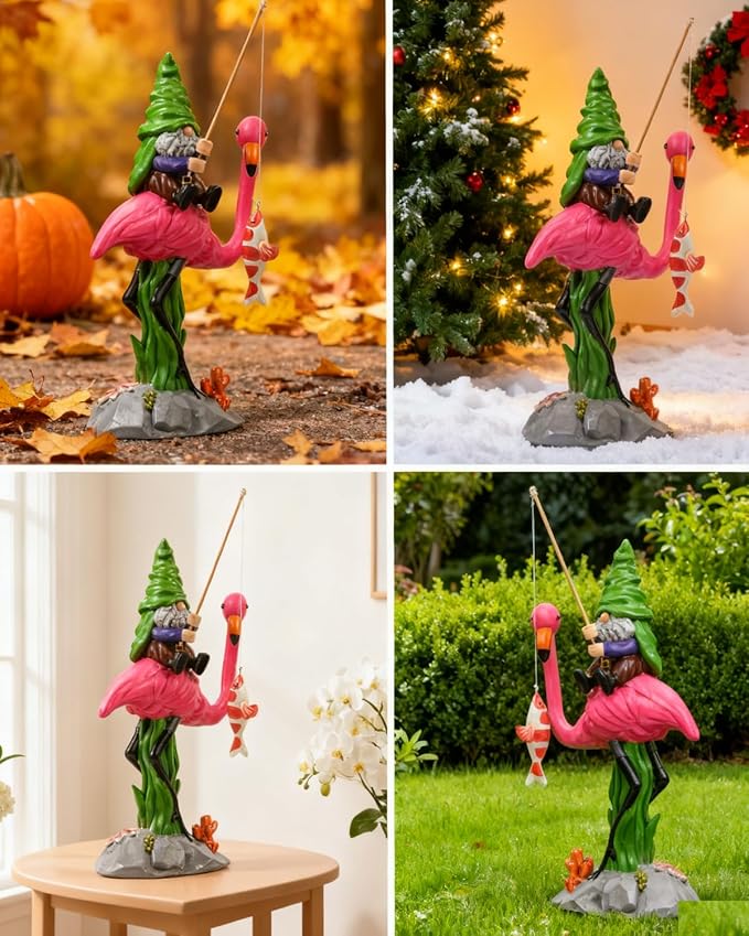 Garden Gnomes Outdoor Decor,Outdoor Statues,Funny Gnome on Flamingo with Fish on Fishing Rod,Large Decorations for Yard,Ideal Gifts for Women,Garden Gnomes Outdoor