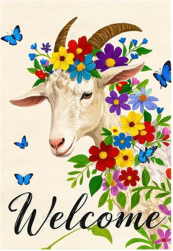 BlissYard Welcome Goat Garden Flag Spring Summer Farmhouse Garden Flag 12x18 Inch Double Sided Floral Goat Yard Flag Outdoor Lawn Patio Porch Rustic Country Decor