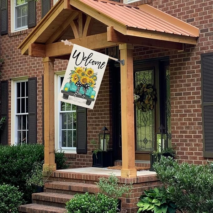 CROWNED BEAUTY Summer House Flag Sunflowers Truck 28x40 Inch Double Sided Large Burlap Holiday Flag for Outside Yard Welcome CF1493-40