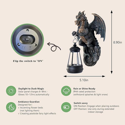 Solar Dragon Lamp Garden Statue - Outdoor Medieval Fantasy Decoration for Garden, Yard Art & Lawn Ornaments, Weather-Resistant Solar Lantern Figurine Gift