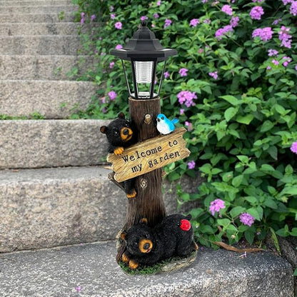 19 Inches Bear Statue Welcome Sign Garden Statue with Solar Lights, Resin Bear Family on The Tree, Outdoor Bear Décor for Yard, Garden, Lawn, Patio, Black and Brown Animal Statue