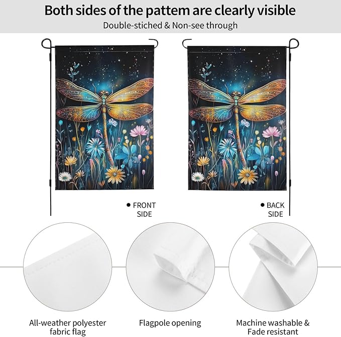 Watercolor Dragonfly and Floral Garden Flags 12×18 Inch Double Sided Decorative Yard Banner Seasonal Flag for Outdoor Outside Decor