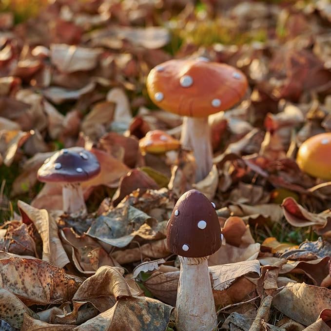 Mushroom Decor - Fairy Garden Accessories Outdoor Spring Patio Decoration 4 PCS Mushroom Statues with Stakes (Orange2+Nutshell2)